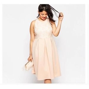 ASOS CURVE Pink Lace Top Midi Skater Dress NEW Sz 14
